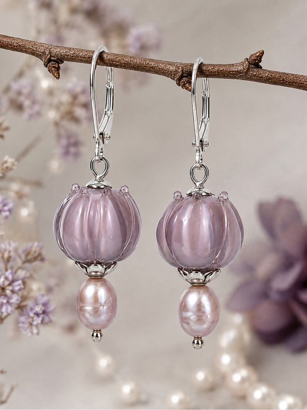 Artisan Lampwork Glass Flower & Freshwater Pearl Earrings